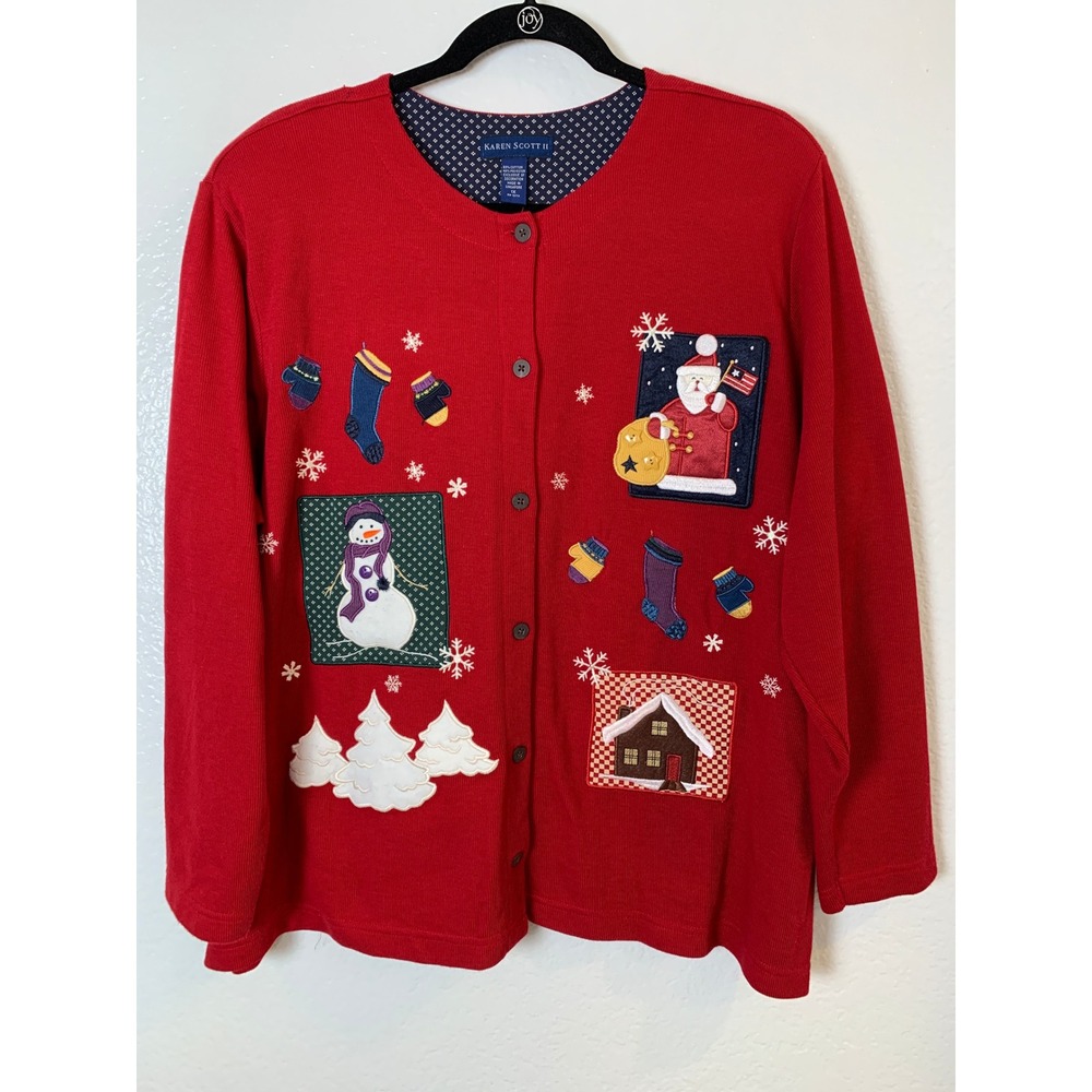 Karen Scott Cardigan Women 1X Red Christmas Holiday Snowman Santa Ugly Sweater